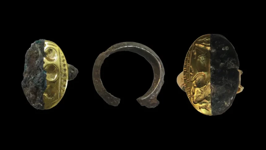 Three archaeological artifacts on a black background: a gold ring with decorative band partly encrusted in dark material, a rusted metal ring fragment in the center, and a gold coin half-buried in dark crust on the right.