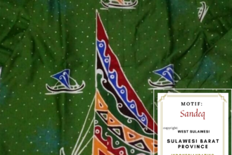 Close-up of green batik fabric with a colorful Sandeq sail motif and an overlaid certificate reading MOTIF: Sandeq, West Sulawesi Province.