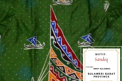 Close-up of green batik fabric with a colorful Sandeq sail motif and an overlaid certificate reading MOTIF: Sandeq, West Sulawesi Province.