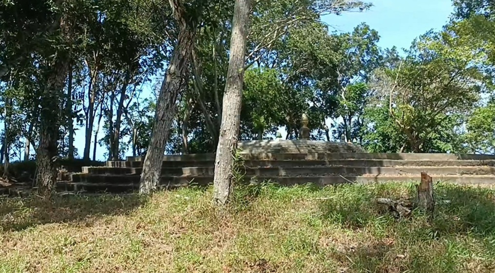 Stone steps rise through a forest to a raised platform with a small statue at the top.