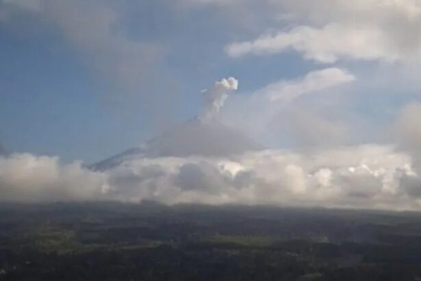 Distant volcano erupting with a plume rising above a layer of clouds over a flat landscape below.