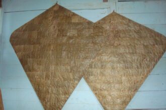 Two large brown diamond-shaped kite wings hanging on a light blue wall.