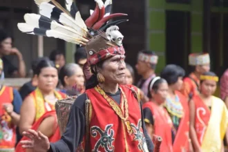 Man in vibrant ceremonial costume with feathered headdress performing at a cultural festival; others in colorful attire watch in the background