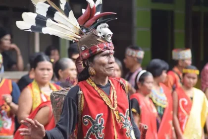 Man in vibrant ceremonial costume with feathered headdress performing at a cultural festival; others in colorful attire watch in the background