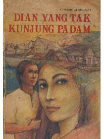 Indonesian romance novel cover: a close-up of a woman in the foreground with a man behind her and a village scene in the background, title Dian Yang Tak Kunjung Padam at top.