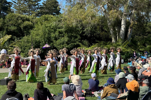 Dancers in white tops and colorful skirts perform a line dance on a grassy stage while a seated audience watches outdoors under bright sun.