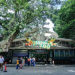 Bandung Zoo entrance with green sign and two orange animal figures, visitors entering on a sunny day under leafy trees