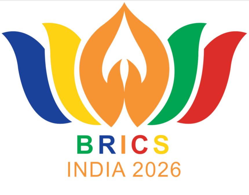 BRICS India 2026 logo with multicolored petal shapes and the text BRICS INDIA 2026
