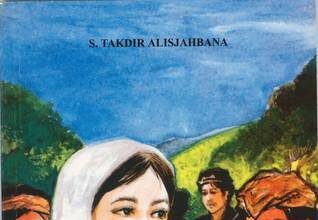 Book cover showing a young woman in a white headscarf, with rugged men in the background and a blue sky; title reads 'ANAK PERAWAN DISARANG PENYAMUN' by S. Takdir Alisjahbana.