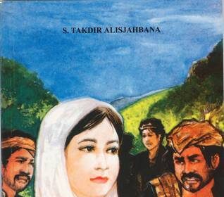 Book cover showing a young woman in a white headscarf, with rugged men in the background and a blue sky; title reads 'ANAK PERAWAN DISARANG PENYAMUN' by S. Takdir Alisjahbana.