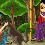 Man in a blue vest pets a brown dog-like wolf in a forest clearing while a woman in a purple dress sits on a bench nearby, holding a red cloth.