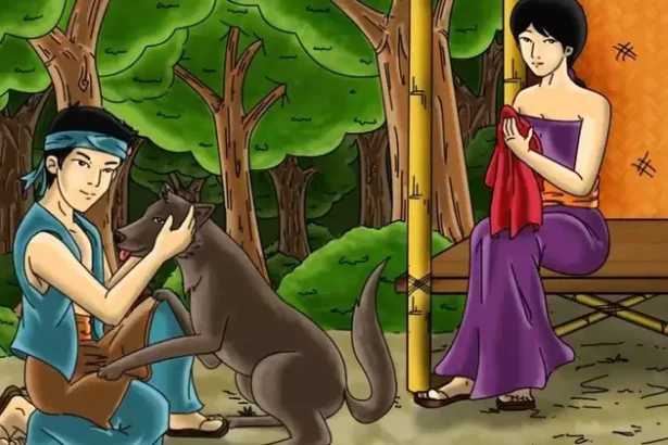 Man in a blue vest pets a brown dog-like wolf in a forest clearing while a woman in a purple dress sits on a bench nearby, holding a red cloth.