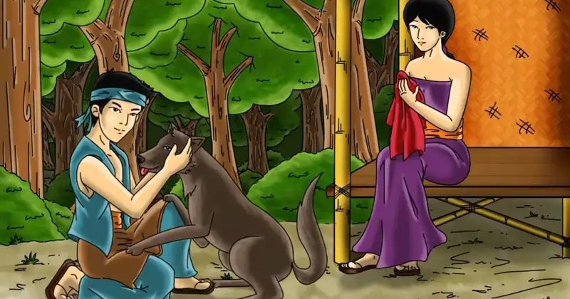 Man in a blue vest pets a brown dog-like wolf in a forest clearing while a woman in a purple dress sits on a bench nearby, holding a red cloth.
