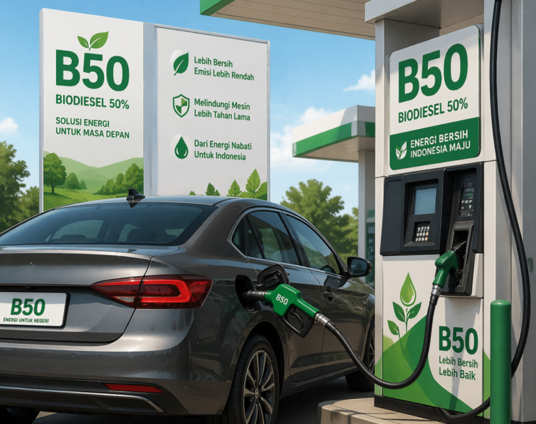 Car is refueling at a B50 biodiesel pump with green signage and a fuel nozzle at a station with trees in the background