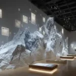 Museum gallery with a large snow-capped mountain mural, text panels on the wall, illuminated display benches, and a visitor gesturing at the exhibit.