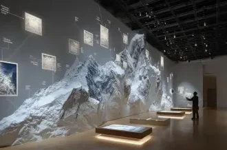 Museum gallery with a large snow-capped mountain mural, text panels on the wall, illuminated display benches, and a visitor gesturing at the exhibit.