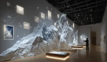 Museum gallery with a large snow-capped mountain mural, text panels on the wall, illuminated display benches, and a visitor gesturing at the exhibit.