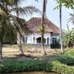 White cottage with a red-tiled roof hidden among tall palm trees near a narrow canal in the foreground.