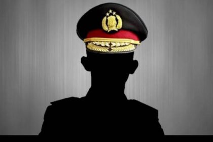 Silhouette of a person in a formal uniform wearing a peaked cap with an emblem, against a gray background.