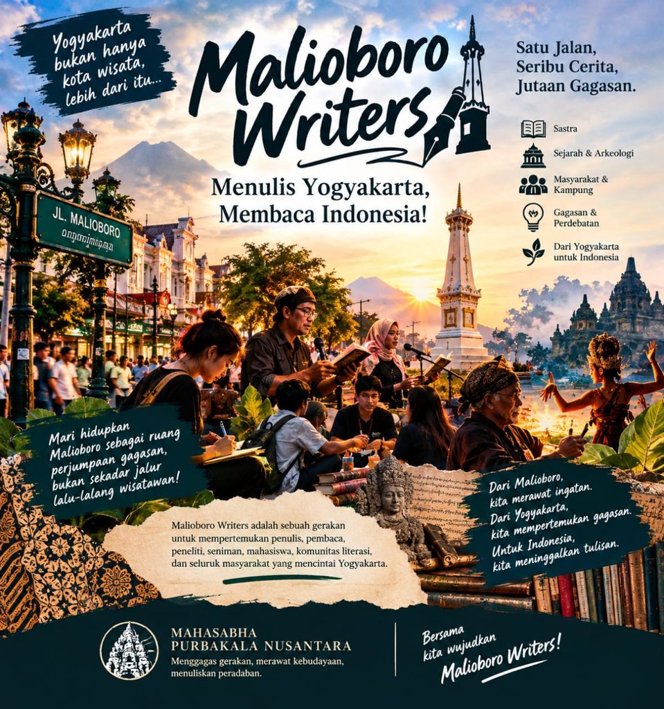 2026-10-24 at 142235 - Mabur.co Poster for Maliboro Writers event in Yogyakarta, showing writers reading aloud on Malioboro Street at sunset with a crowd and temple spire in the background.