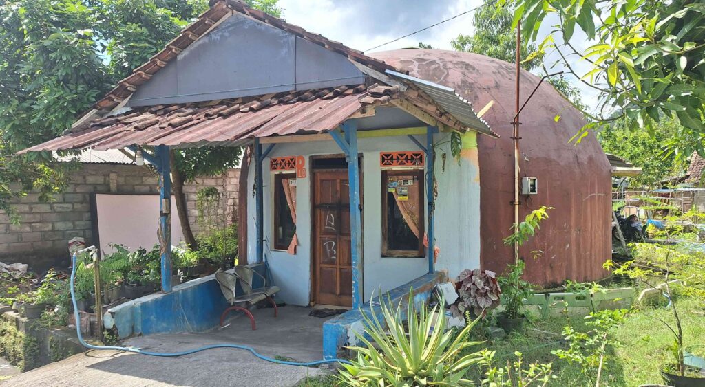 20260525_112441 - Mabur.co Small blue house with a red tile roof and a blue porch, garden hose along the ground, and lush plants surrounding it.