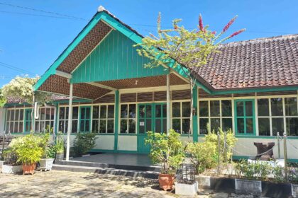 Green building with teal trim and large windows, potted plants along the front in bright sunlight.