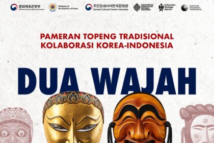 Poster announcing a Korea–Indonesia traditional collaboration exhibition 'Dua Wajah Satu Jiwa' featuring two masks and dates 26 Okt 2026–31 Jan 2027 at the Museum Nasional Indonesia.