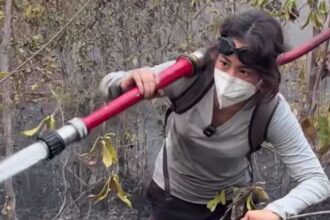 Person wearing a mask and goggles/backpack-belt holding a red fire hose and spraying water through smoky, burnt brush area