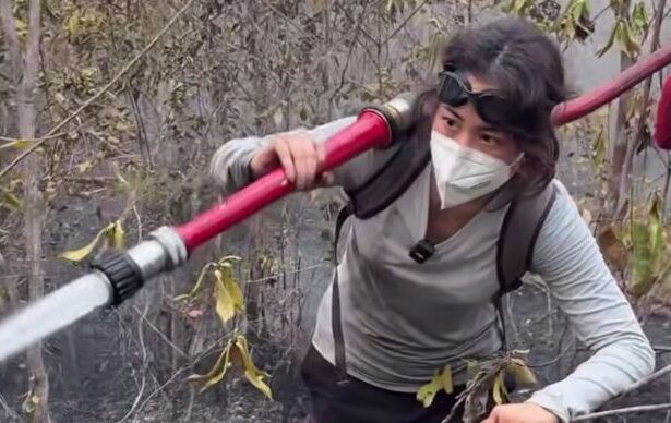 Person wearing a mask and goggles/backpack-belt holding a red fire hose and spraying water through smoky, burnt brush area