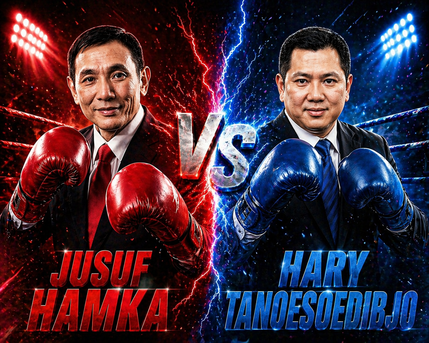 273fdf2e-b3d0-482e-9506-ef005c208310 - Mabur.co Two men in suits with red and blue boxing gloves facing off in a split red/blue arena, 'VS' between them, with their names.