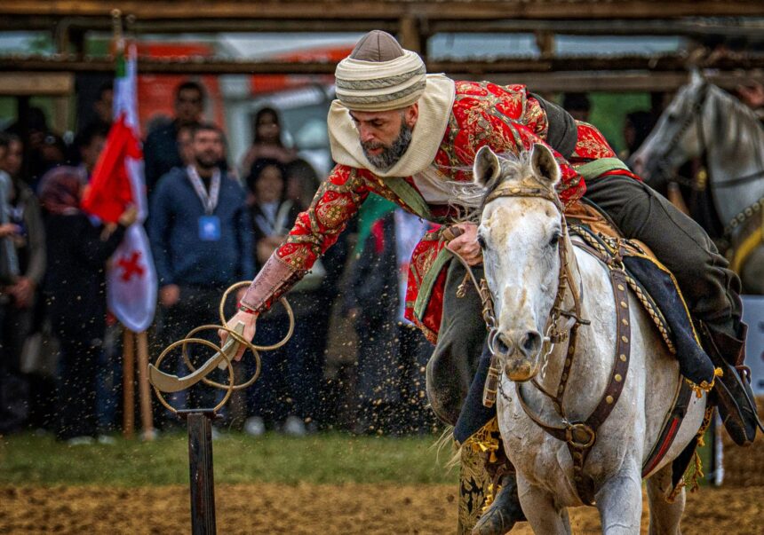 Equestrian performer in a patterned red outfit rides a white horse, leaning forward with a lasso during a crowded event.