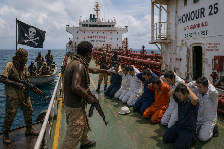 Armed pirates confront kneeling crew on a tanker deck; a black flag with skull and crossbones flutters nearby.