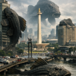 Gigantic, dark fish-like creatures loom over a city river, wrapping around buildings and a central monument.