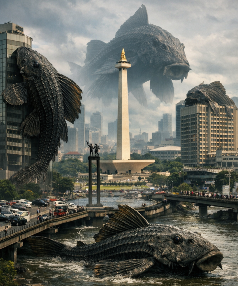 Gigantic, dark fish-like creatures loom over a city river, wrapping around buildings and a central monument.
