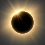 Solar eclipse showing a dark Sun obscured by the Moon with a bright solar corona haloing it.