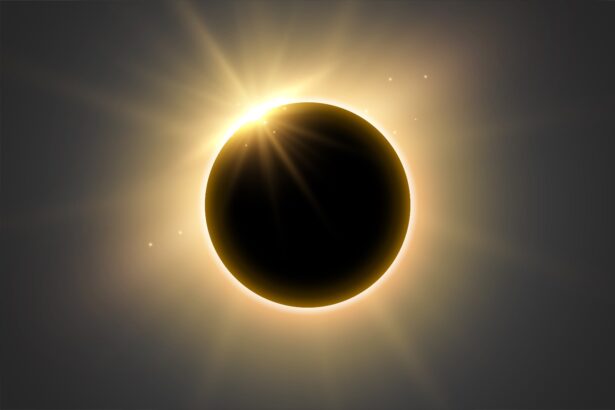 Solar eclipse showing a dark Sun obscured by the Moon with a bright solar corona haloing it.