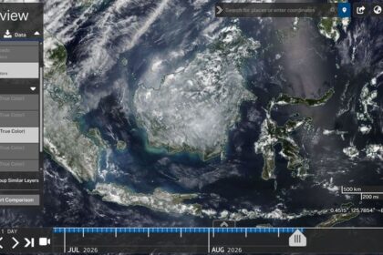 Interactive satellite map screenshot from NASA Worldview showing Earth’s surface with cloud patterns over Southeast Asia and Australia; left panel shows layer controls, bottom timeline from July to August 2026, and scale/coordinate indicators visible on the right.