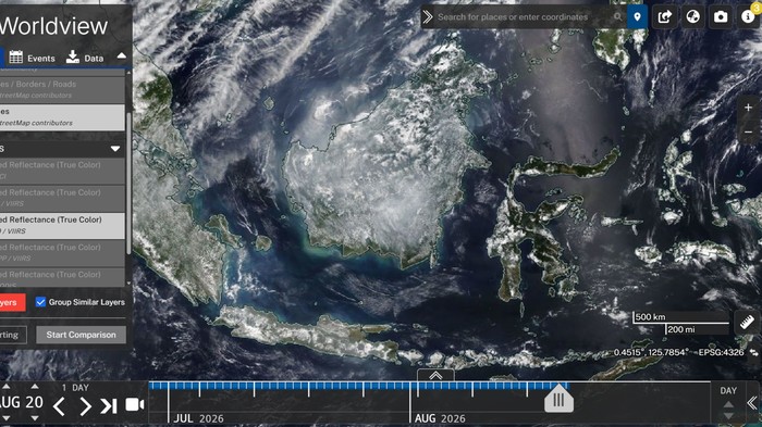Interactive satellite map screenshot from NASA Worldview showing Earth’s surface with cloud patterns over Southeast Asia and Australia; left panel shows layer controls, bottom timeline from July to August 2026, and scale/coordinate indicators visible on the right.