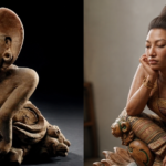 Two side-by-side images: on the left a seated clay figurine with large earrings and an elaborate hairstyle; on the right a woman in a traditional patterned dress posing with her chin resting on her hand and her eyes closed.