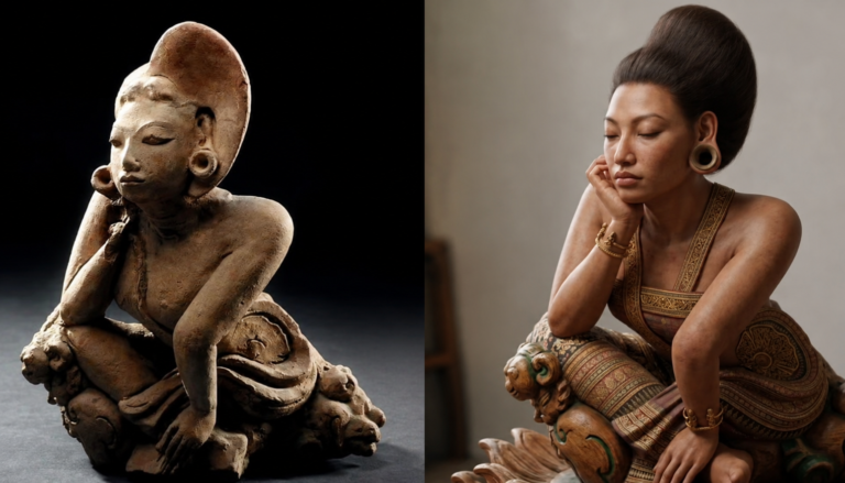 Two side-by-side images: on the left a seated clay figurine with large earrings and an elaborate hairstyle; on the right a woman in a traditional patterned dress posing with her chin resting on her hand and her eyes closed.