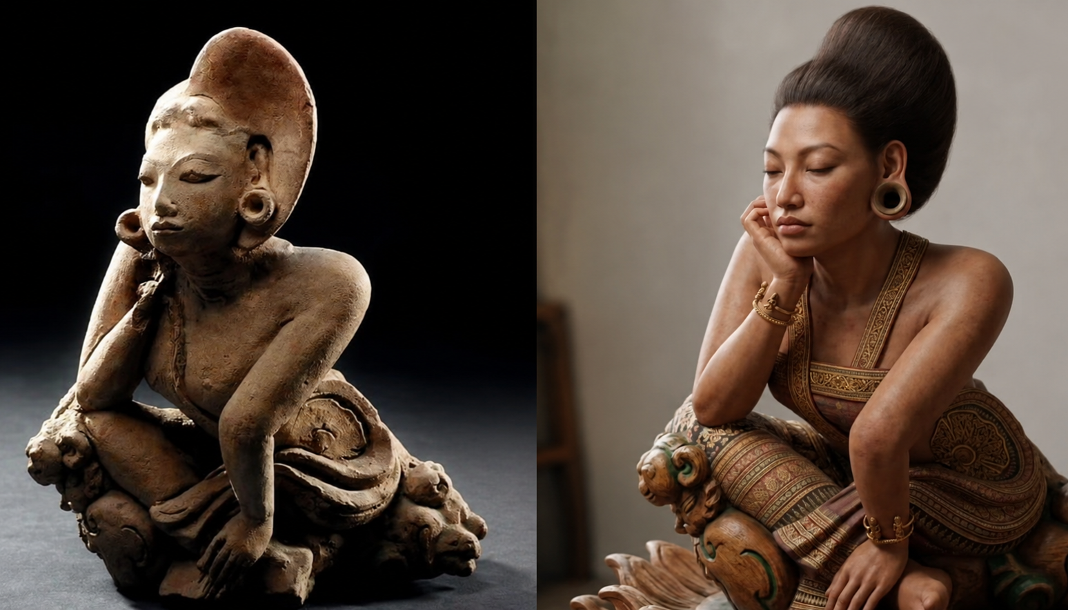 Two side-by-side images: on the left a seated clay figurine with large earrings and an elaborate hairstyle; on the right a woman in a traditional patterned dress posing with her chin resting on her hand and her eyes closed.