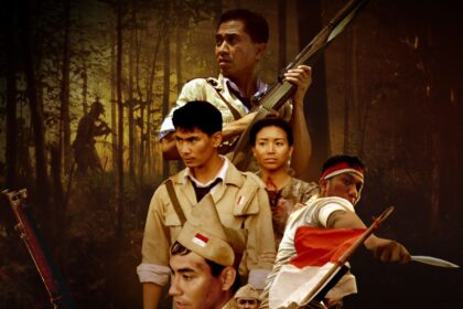 Armed group of people in khaki uniforms navigating a dark jungle setting, holding rifles.