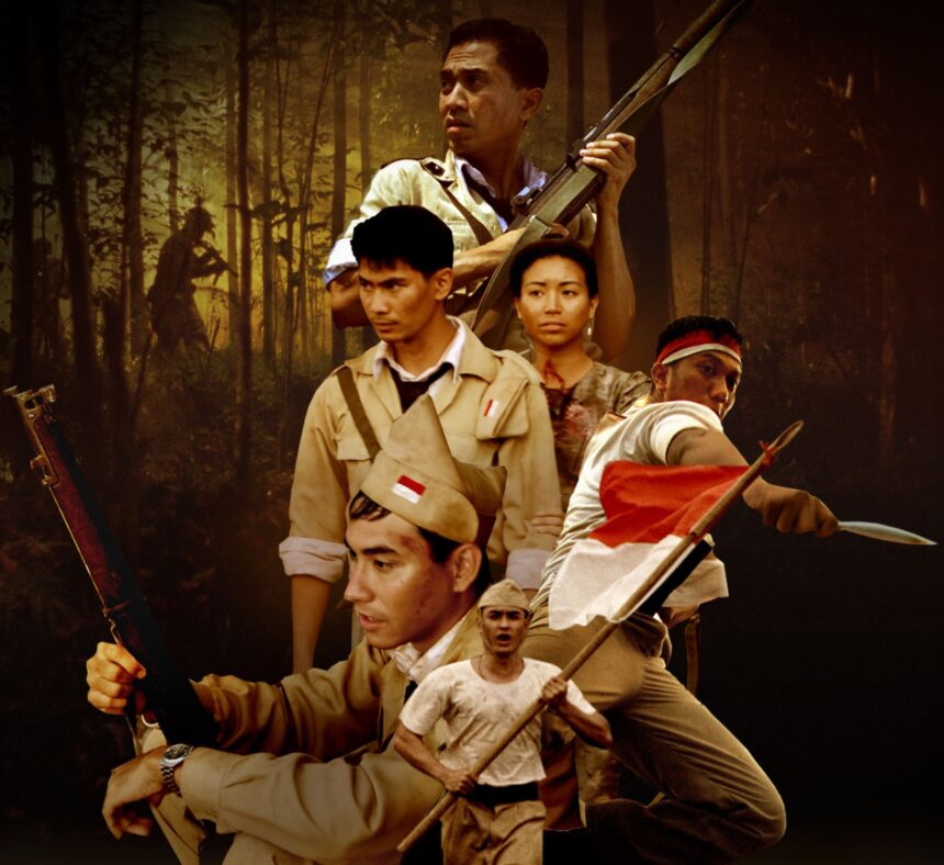 Armed group of people in khaki uniforms navigating a dark jungle setting, holding rifles.