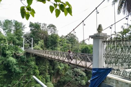 Person riding a motorcycle across a narrow suspension bridge over a deep, green forested gorge; ornate railing visible in the foreground.