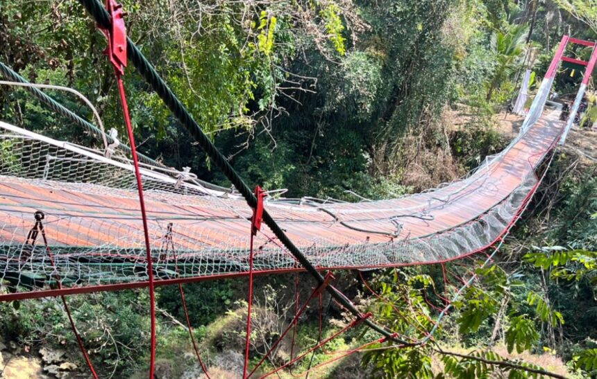 Curved suspension rope bridge with red metal supports and safety netting, spanning a forested gorge.