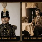 Pair of vintage portrait cards: left man in an ornate military uniform with a tall feathered helmet, gold epaulettes, and decorative embroidery; right man in a brown suit seated at a table in a classic room with a lace-covered table and a tall lamp.