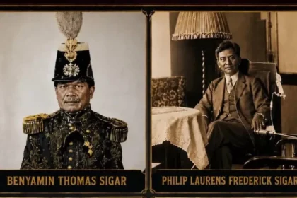 Pair of vintage portrait cards: left man in an ornate military uniform with a tall feathered helmet, gold epaulettes, and decorative embroidery; right man in a brown suit seated at a table in a classic room with a lace-covered table and a tall lamp.