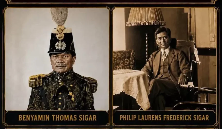 Pair of vintage portrait cards: left man in an ornate military uniform with a tall feathered helmet, gold epaulettes, and decorative embroidery; right man in a brown suit seated at a table in a classic room with a lace-covered table and a tall lamp.