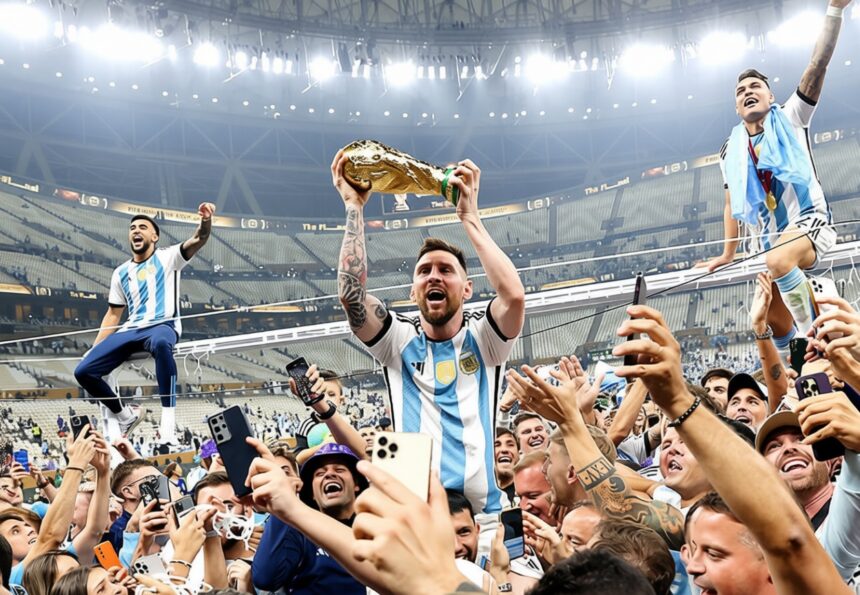 Soccer players celebrate a championship, lifting a golden trophy above a cheering crowd in a stadium.