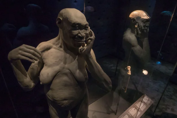 Clay sculpture of a bald, muscular humanoid touching its face, displayed in a glass case.